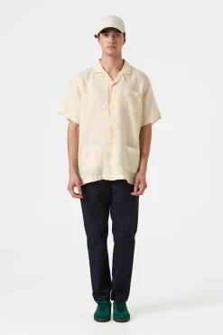 New Linen Short Sleeve Plain Off White Men Shirts