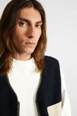 Outlet Shearling Vest Plain Navy Men Outerwear