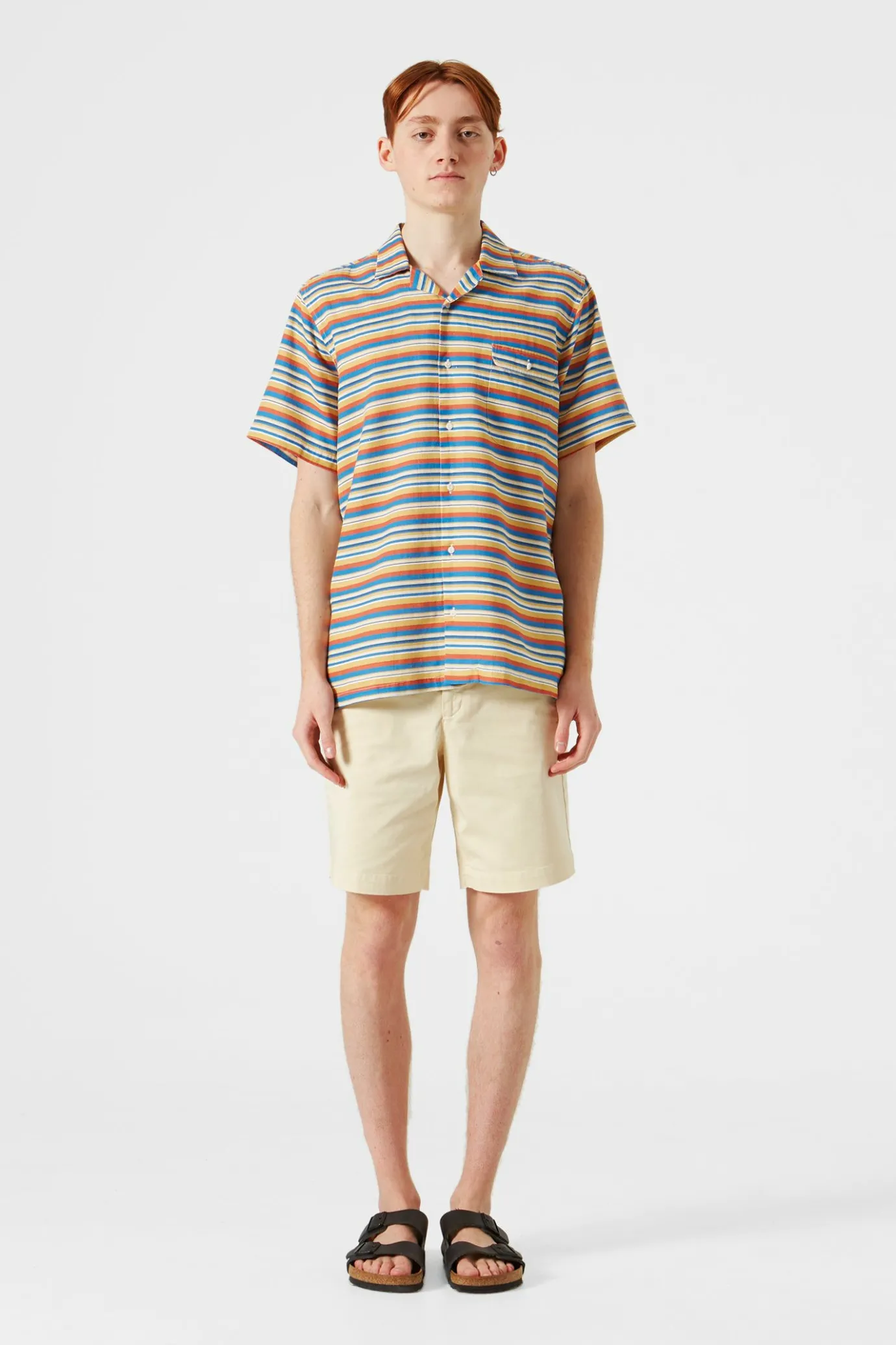 Outlet Stripes Short Sleeve Shirt Horizontal Stripes Blue Men Shirts