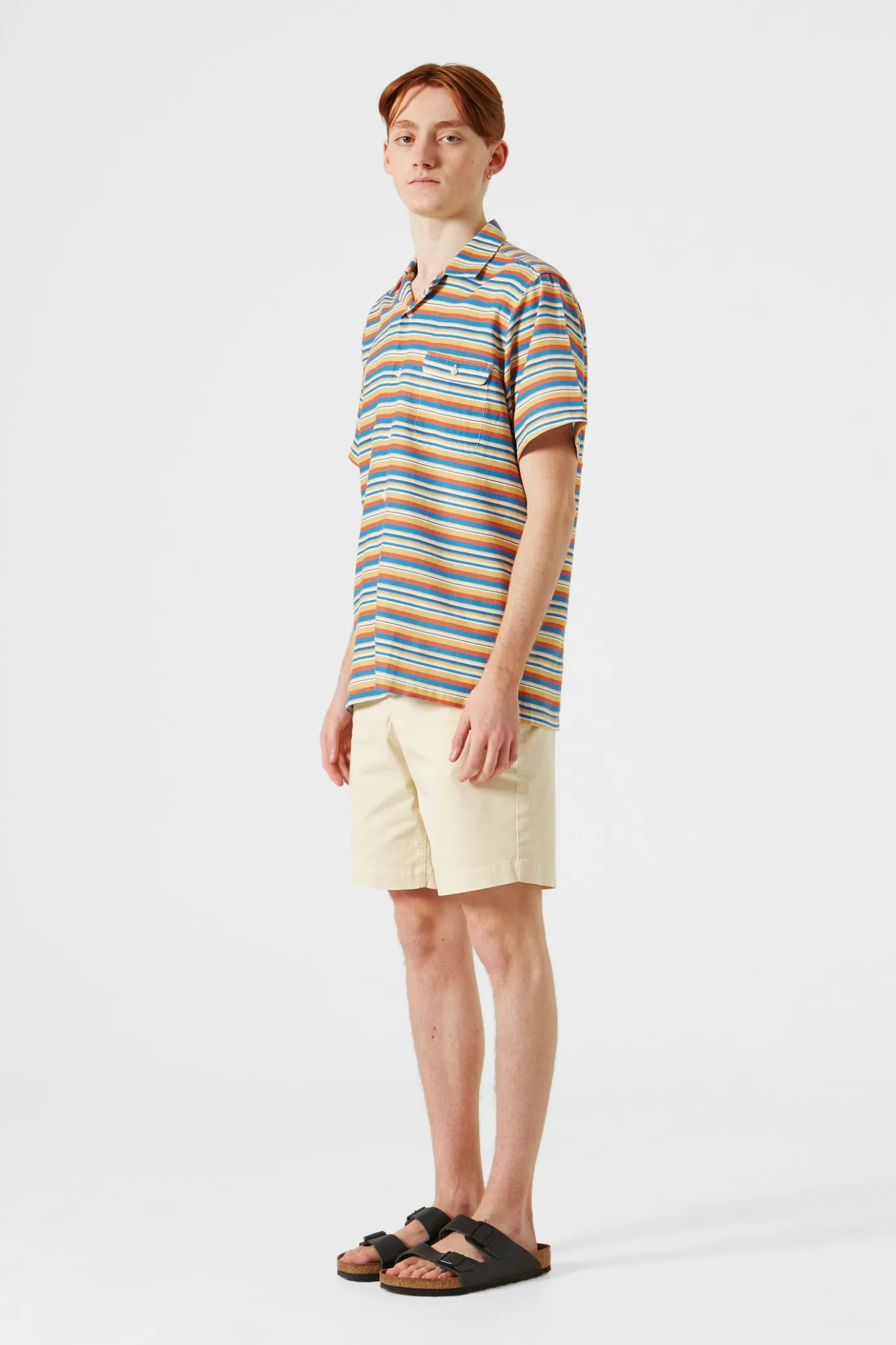 Outlet Stripes Short Sleeve Shirt Horizontal Stripes Blue Men Shirts