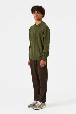 Fashion Wool Polo Plain Olive Men Knitwear